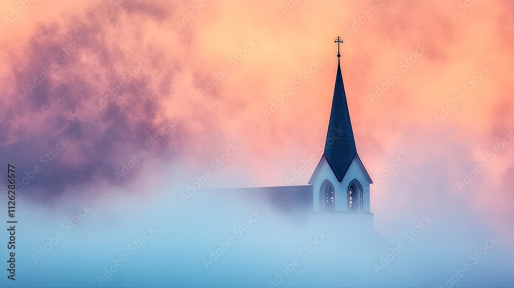 Obraz premium Ethereal Church Steeple Rising through Mystical Fog and Colorful Sky