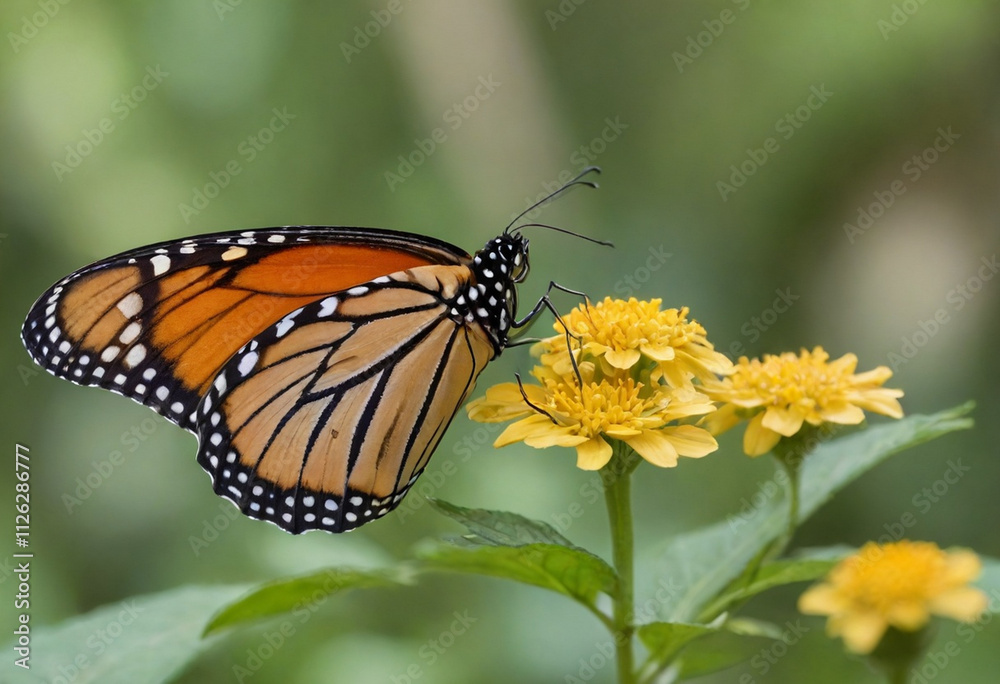 Monarch butterfly, vibrant orange wings, black veins, white spots, yellow flowers, green leaves, soft focus background, macro photography, detailed wings, nature close-up, delicate insect, pollinator, Monarch butterfly, vibrant orange wings, black veins, white spots, yellow flowers, green leaves, soft focus background, macro photography, detailed wings, nature close-up, delicate insect, pollinator,