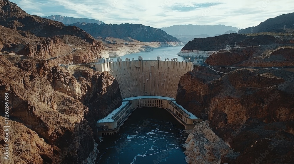 Aerial View of Large Concrete Dam Surrounded by Mountains and Water Aerial View of Large Concrete Dam Surrounded by Mountains and Water