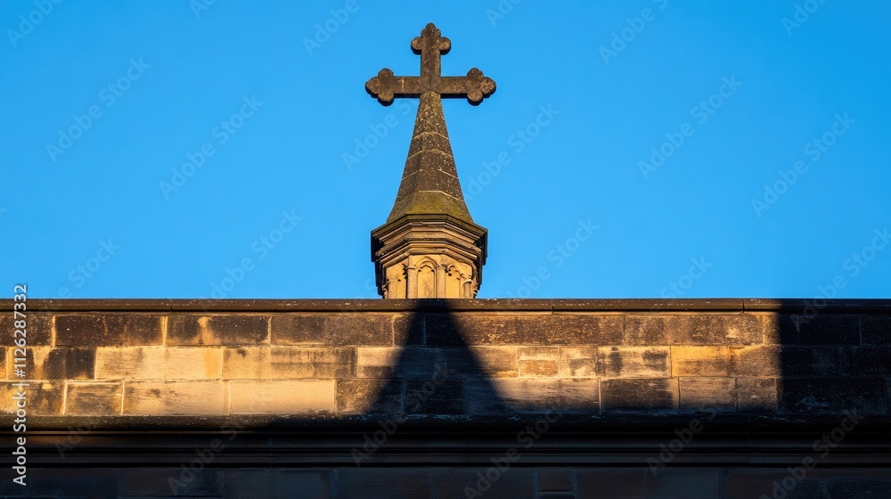Cross and Spire Against Clear Blue Sky in Serene Landscape Cross and Spire Against Clear Blue Sky in Serene Landscape