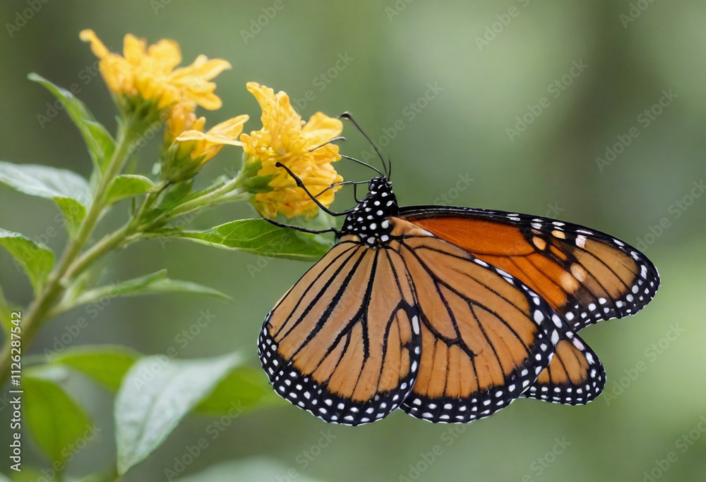 Fototapeta premium Monarch butterfly, vibrant orange wings, black veins, white spots, yellow flowers, green leaves, soft focus background, macro photography, detailed wings, nature close-up, delicate insect, pollinator,