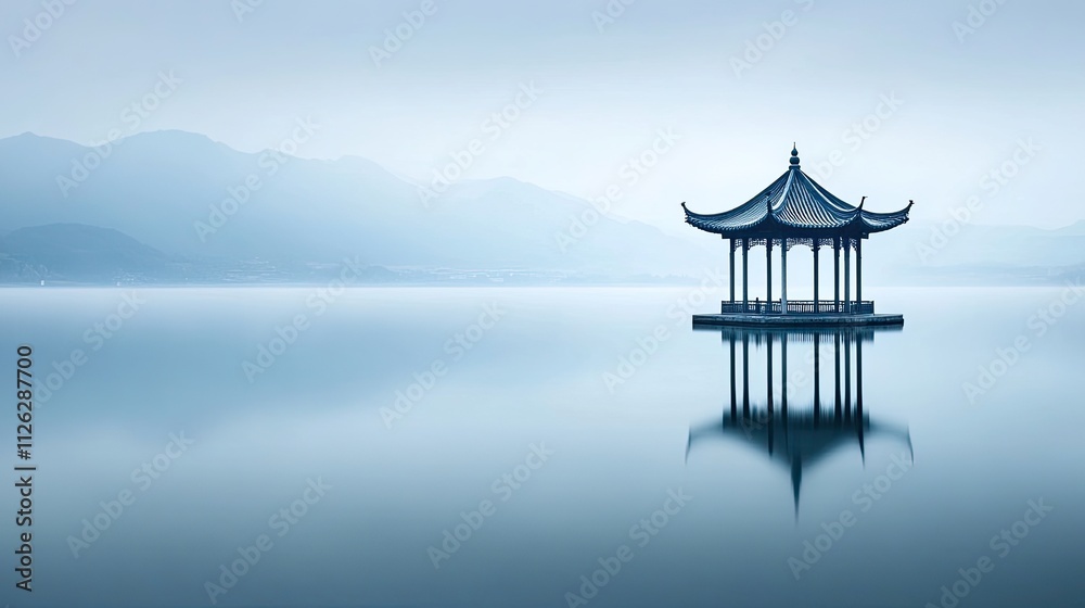 Tranquil Pagoda on Serene Water with Misty Mountain Background Tranquil Pagoda on Serene Water with Misty Mountain Background
