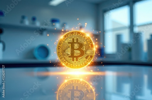 glowing gold bitcoin coin against laboratory background photo