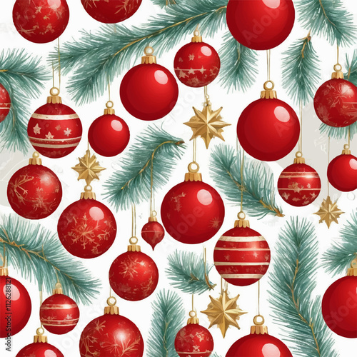 red balls with Christmas branches Christmas illustration pattern