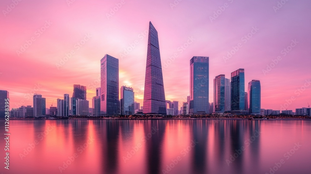 Obraz premium Triangulation control, A stunning skyline at sunset, featuring modern skyscrapers reflecting on calm waters under a vibrant pink sky.
