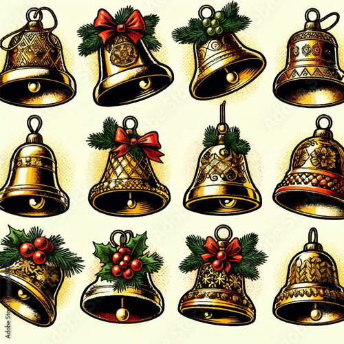 golden bells Christmas illustration pattern