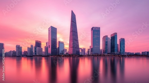 Triangulation control, A stunning skyline at sunset, featuring modern skyscrapers reflecting on calm waters under a vibrant pink sky.