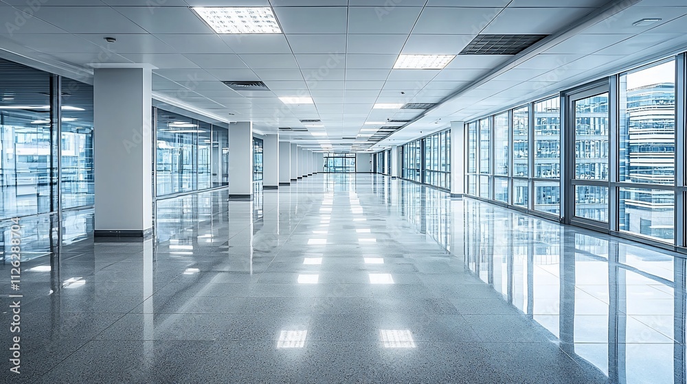 Empty modern office hallway with large windows and bright lighting. Empty modern office hallway with large windows and bright lighting.