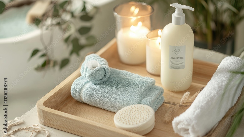 Shampoo and conditioner set placed on a light wooden tray with loofah, candles, and soft towels Shampoo and conditioner set placed on a light wooden tray with loofah, candles, and soft towels