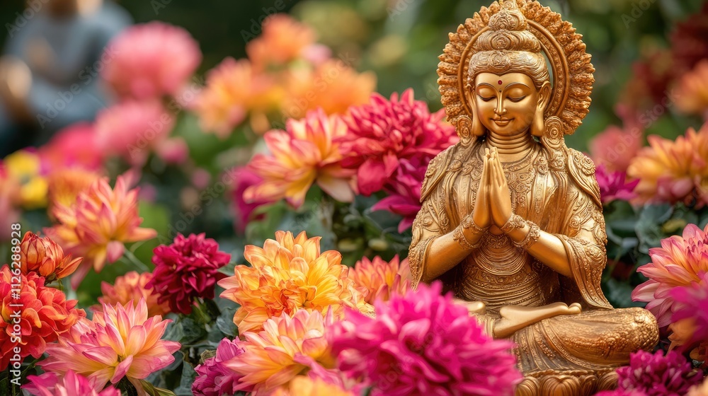 Fototapeta premium Golden Buddha Statue Surrounded by Colorful Floral Blossoms