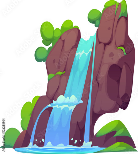 Cartoon waterfall and water cascade of river falling from mountain rock, vector nature scene. Waterfall stream or mountain river with falling water splash from hill with green amazon forest trees