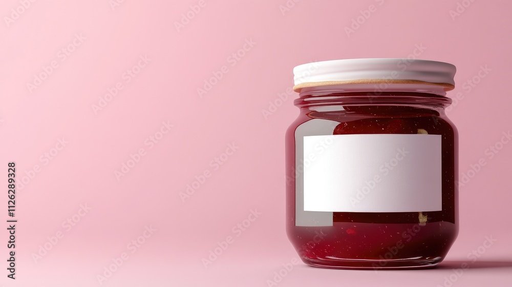 A glass jar of raspberry jam with a blank white label, highlighting the jam vibrant color, set on a clean pink background for branding purposes. A glass jar of raspberry jam with a blank white label, highlighting the jam vibrant color, set on a clean pink background for branding purposes.