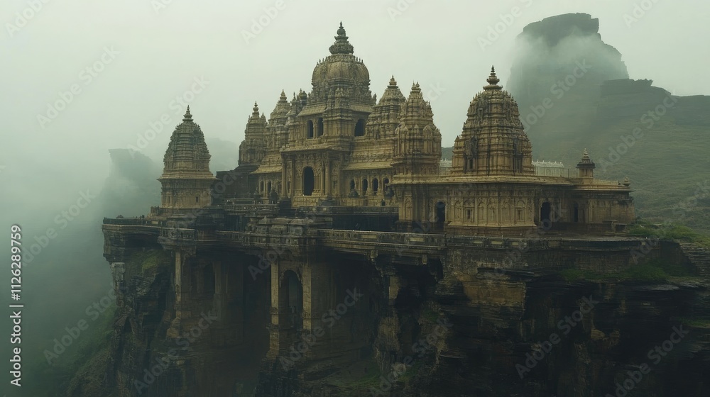 Obraz premium Majestic Ancient Temple Overlooking Misty Mountain Landscape