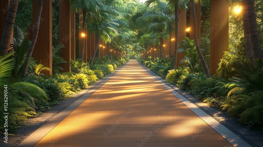 Obraz premium Serene Pathway Surrounded by Lush Greenery and Warm Lighting