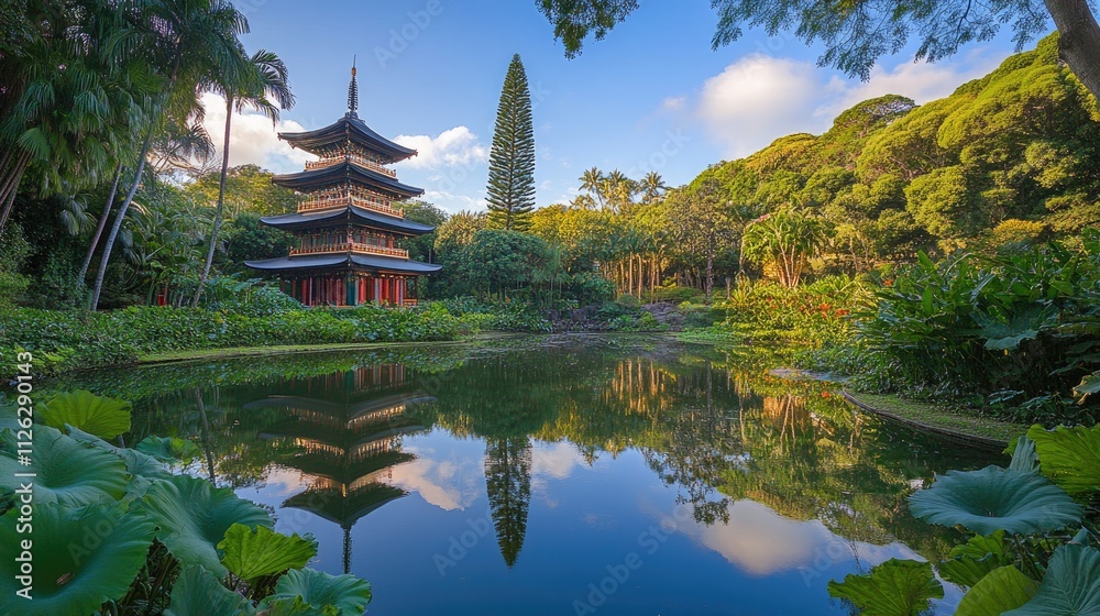 Serene Asian Garden with Pagoda, Reflecting Pond and Lush Greenery
