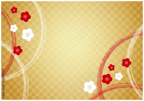 和柄の金屏風年賀状背景で梅と紅白水引4