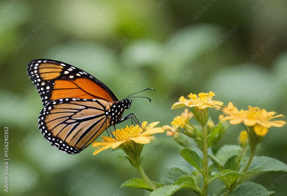 monarch butterfly, vibrant orange wings, black veins, white spots, yellow flowers, green leaves, soft focus background, macro photography, detailed wings, nature close-up, delicate insect, pollinator,