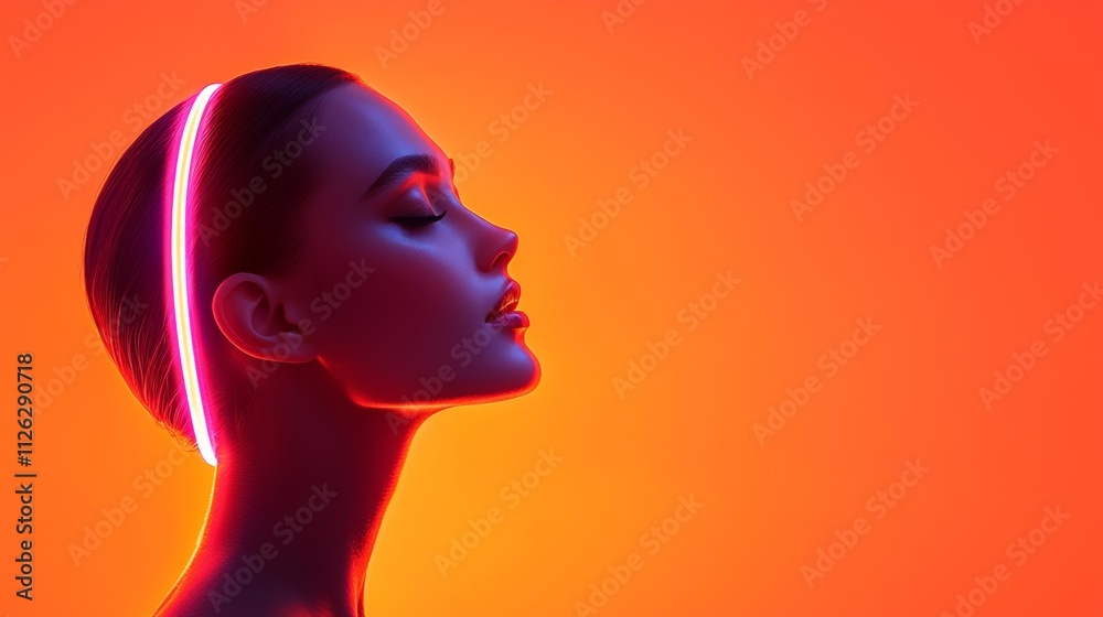 A profile view of a woman with a glowing neon headband against a vibrant orange background, showcasing a modern, artistic aesthetic. A profile view of a woman with a glowing neon headband against a vibrant orange background, showcasing a modern, artistic aesthetic.