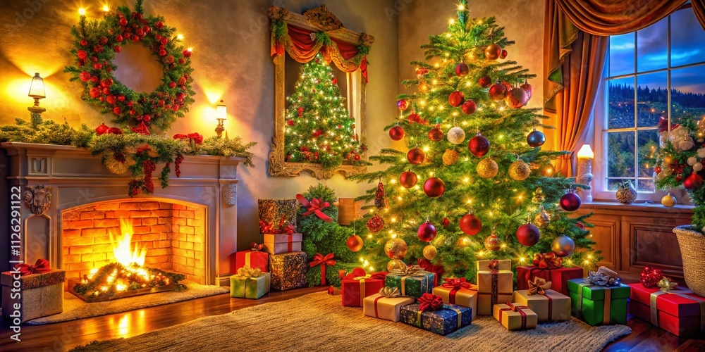 Fototapeta premium Festive Christmas Tree with Gifts, Warm Home Decor, AI Art