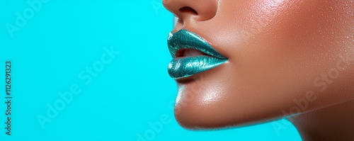 A close-up of a beautifully contoured lip with shimmering turquoise lipstick against a vibrant turquoise background.