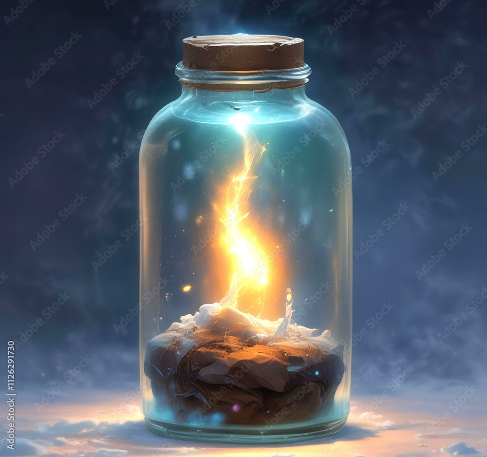 Illustration of bottle with magic spark inside. Illustration of bottle with magic spark inside.