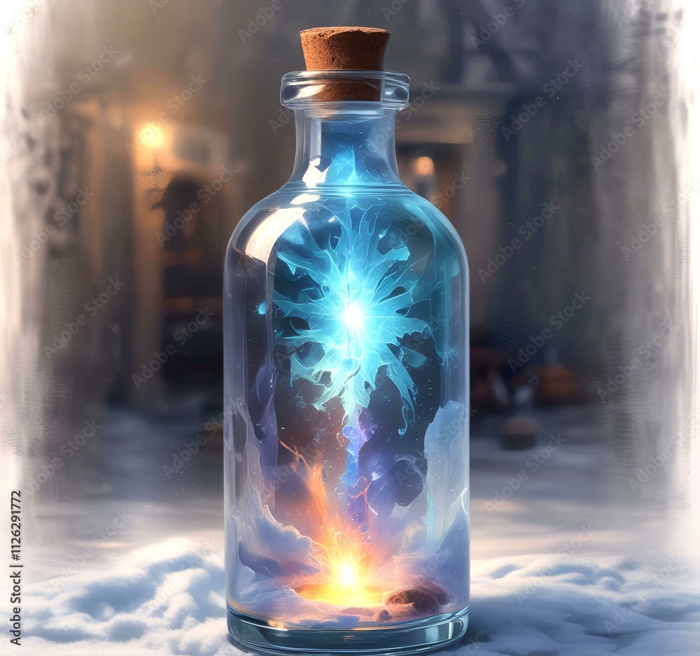 Illustration of bottle with magic spark inside. Illustration of bottle with magic spark inside.