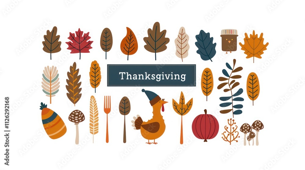 Thanksgiving Elements with Turkey, Autumn Leaves, and Festive Decoration for Celebrating the Harvest Season and Family Gatherings Thanksgiving Elements with Turkey, Autumn Leaves, and Festive Decoration for Celebrating the Harvest Season and Family Gatherings