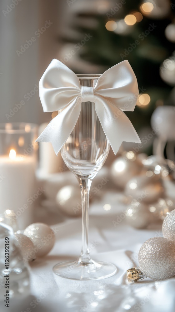 Winter Elegance: A Champagne Flute adorned with a pristine white satin bow, set against a bokeh of twinkling Christmas lights and shimmering ornaments. A picture of refined holiday cheer. Winter Elegance: A Champagne Flute adorned with a pristine white satin bow, set against a bokeh of twinkling Christmas lights and shimmering ornaments. A picture of refined holiday cheer.