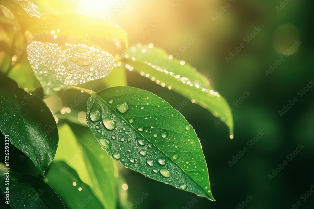 Captivating closeup of morning dew on fresh green leaves in nature showcasing moisture glimmering under soft sunlight lush environment natural perspective for serenity and life Captivating closeup of morning dew on fresh green leaves in nature showcasing moisture glimmering under soft sunlight lush environment natural perspective for serenity and life