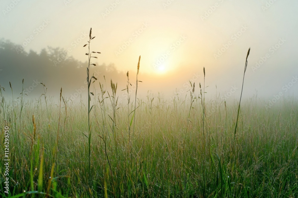 Misty morning sunrise countryside field nature photography foggy environment low angle viewpoint emphasizing moisture in the grass and air Misty morning sunrise countryside field nature photography foggy environment low angle viewpoint emphasizing moisture in the grass and air