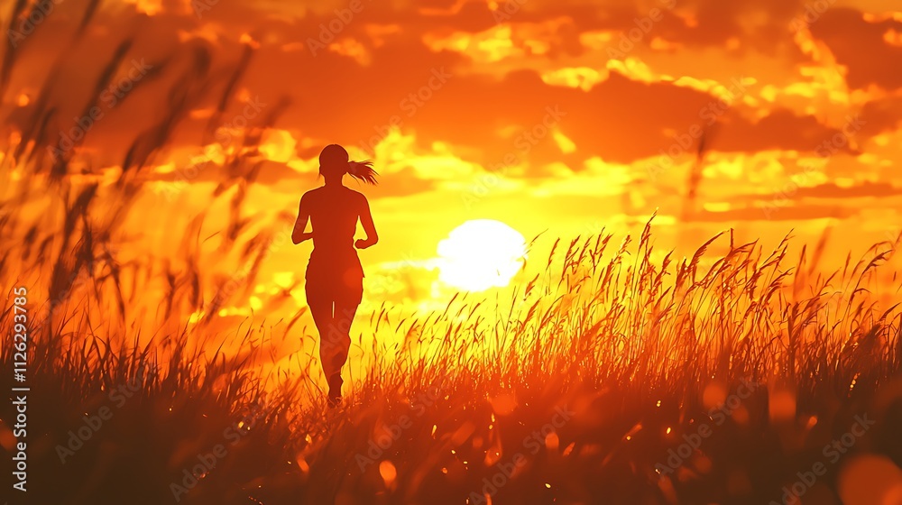 Silhouetted Woman Jogging at Sunset in a Field of Tall Grass. Silhouetted Woman Jogging at Sunset in a Field of Tall Grass.