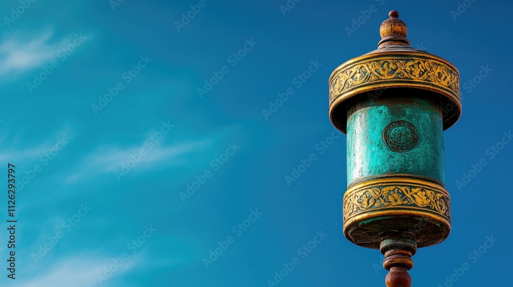Obraz premium Traditional Colorful Prayer Wheel Against a Clear Blue Sky