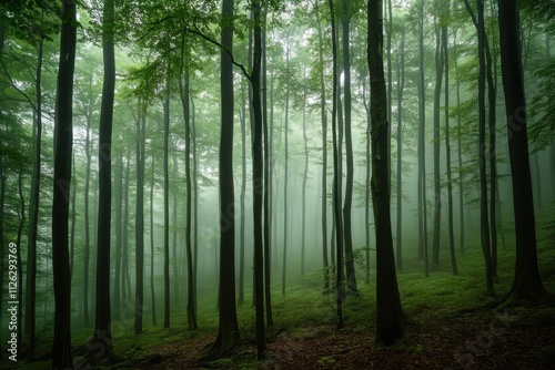 Misty forest adventure at dawn nature photography dense fog and moisture in lush green environment captured from ground level perspective for stunning visual impact