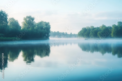 Morning fog rising over a serene lake showcasing moisture and tranquility in nature captured in an enchanting landscape scene