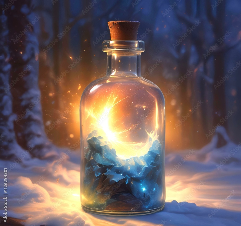 Illustration of bottle with magic spark inside. Illustration of bottle with magic spark inside.