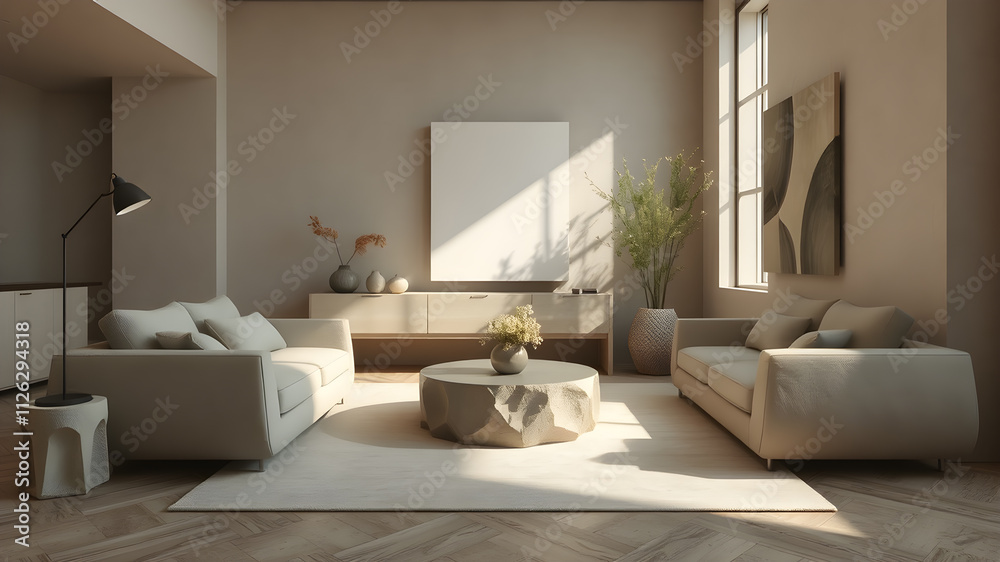 Fototapeta premium Modern living room interior mockup with a sofa, lamp, table. 3D rendering