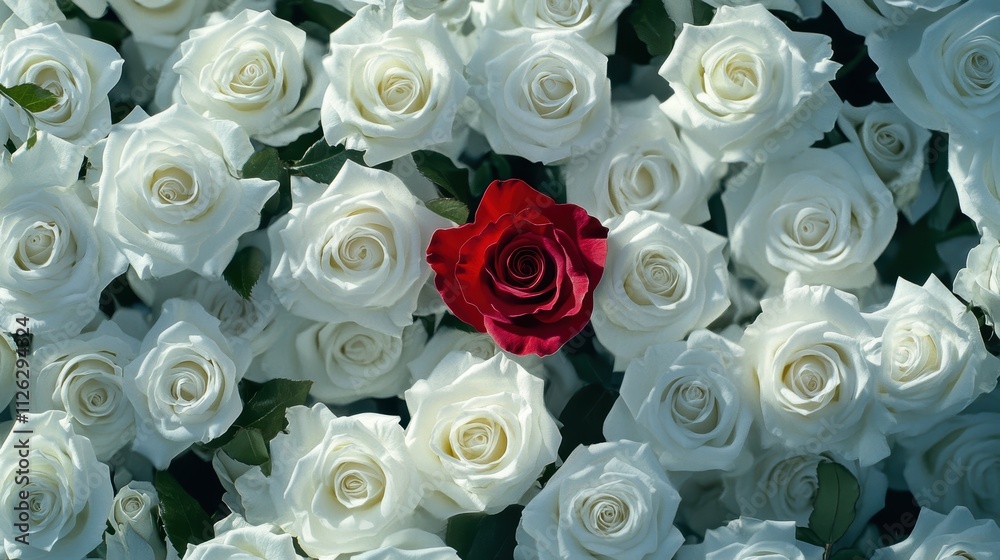 Single Red Rose Surrounded by White Roses in Floral Arrangement Single Red Rose Surrounded by White Roses in Floral Arrangement