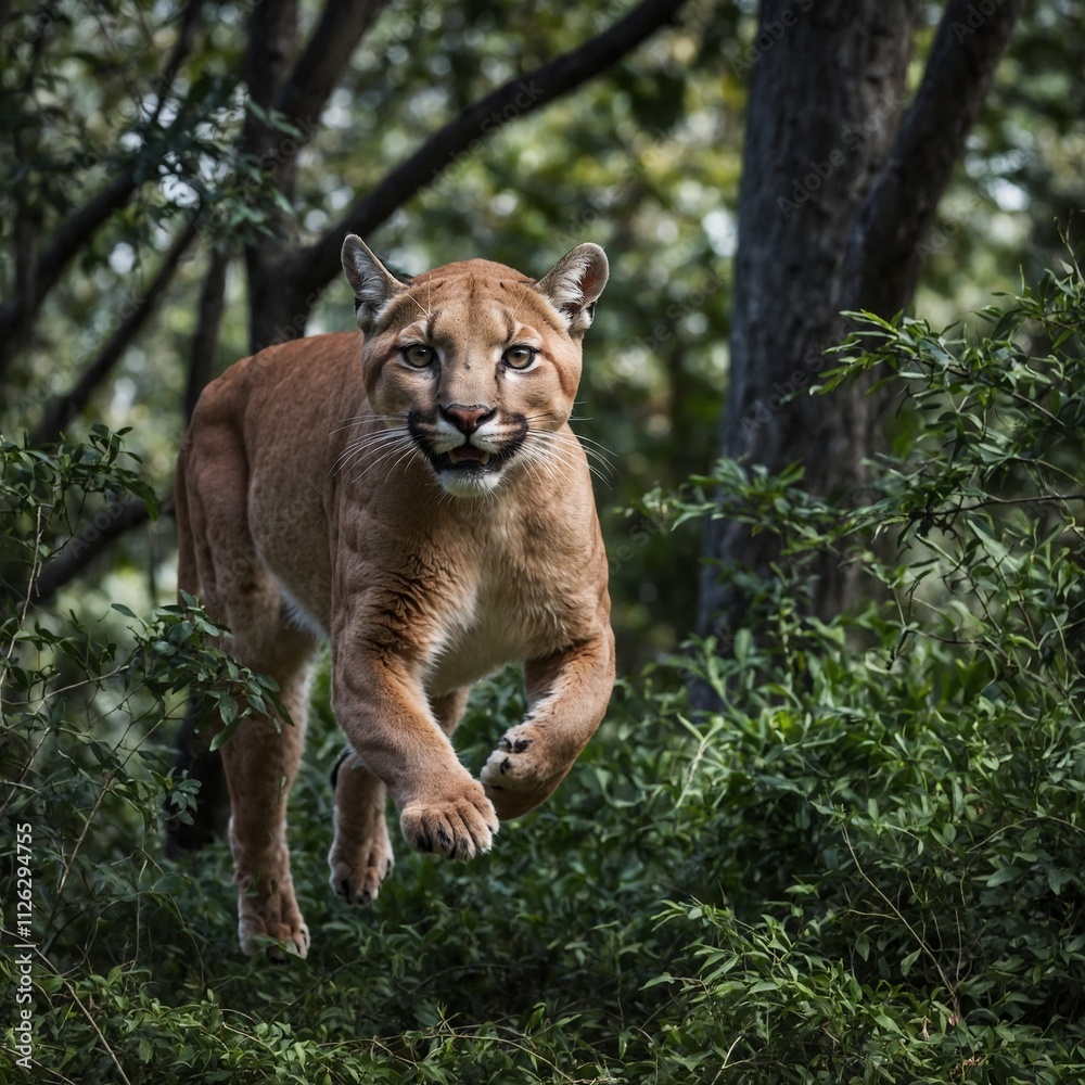 A puma leaping through the trees in search of prey. A puma leaping through the trees in search of prey.