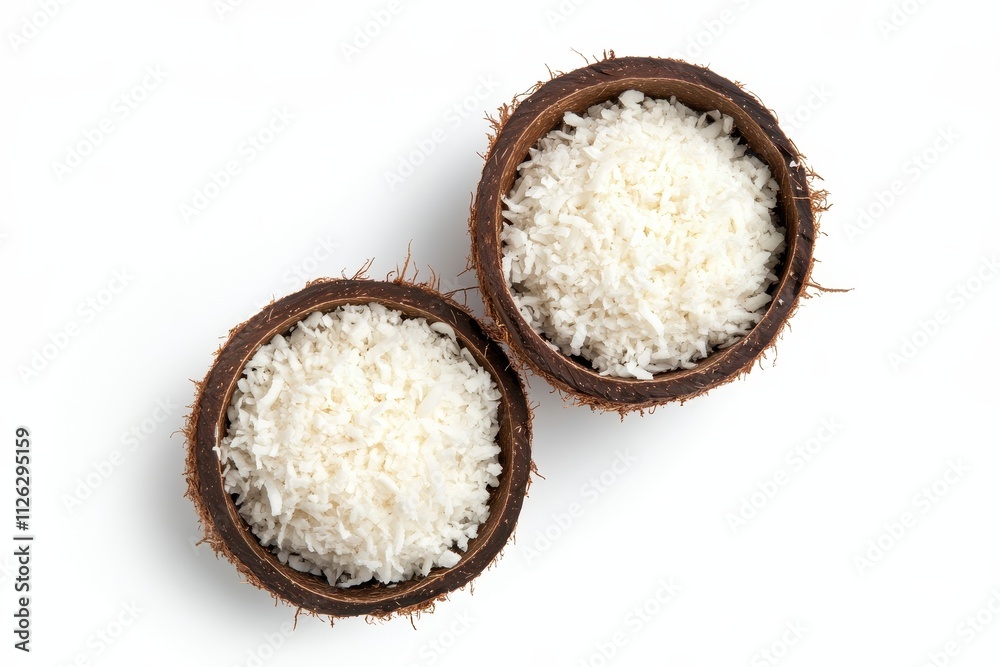 Freshly grated coconut served in rustic coconut shells showcasing natural textures and colors Freshly grated coconut served in rustic coconut shells showcasing natural textures and colors