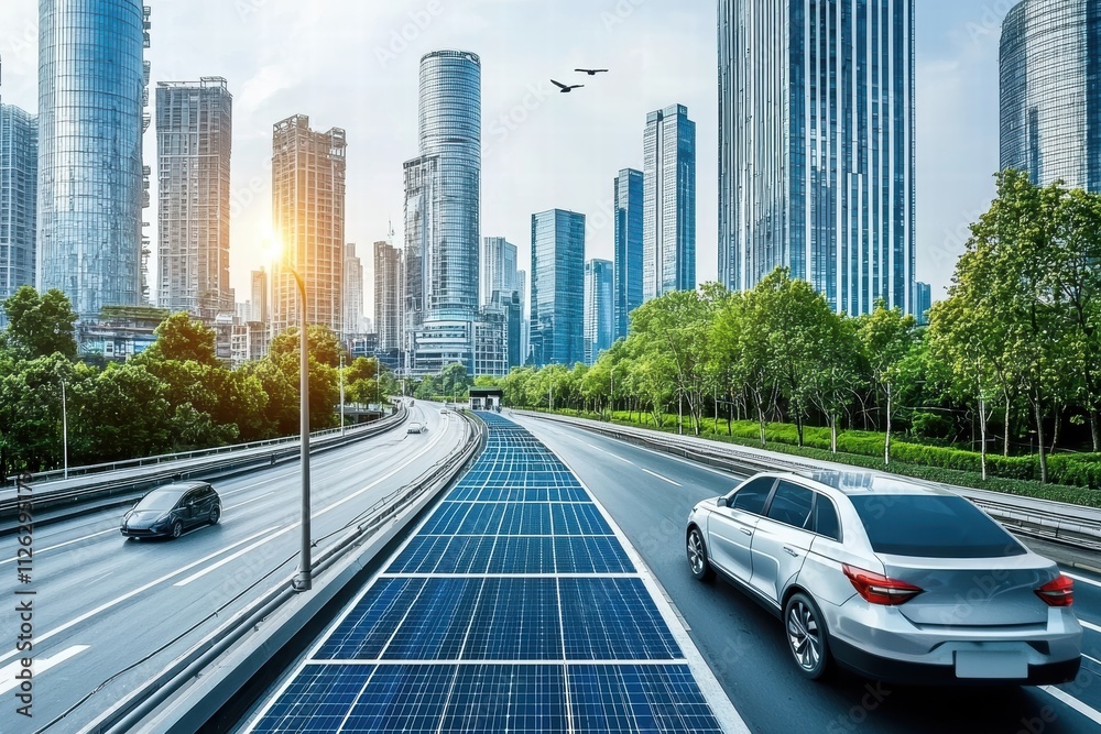 Obraz premium Solar Panel Road with Modern City Skyline and Eco-Friendly Cars