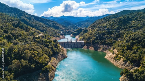 Aerial View of a Scenic Dam Surrounded by Lush Mountains and Water