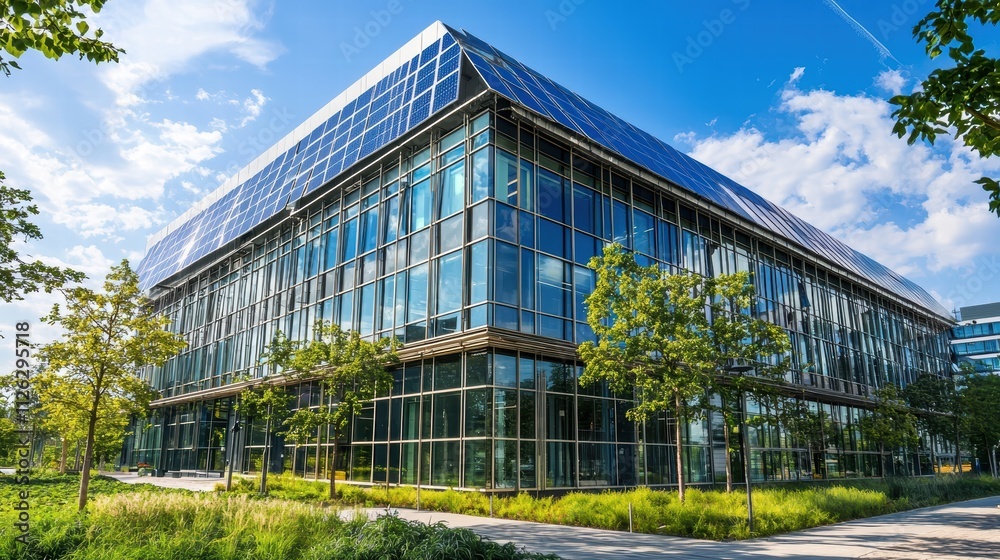 Modern Sustainable Office Building with Solar Panels and Green Environment Modern Sustainable Office Building with Solar Panels and Green Environment