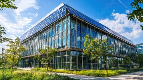 Modern Sustainable Office Building with Solar Panels and Green Environment