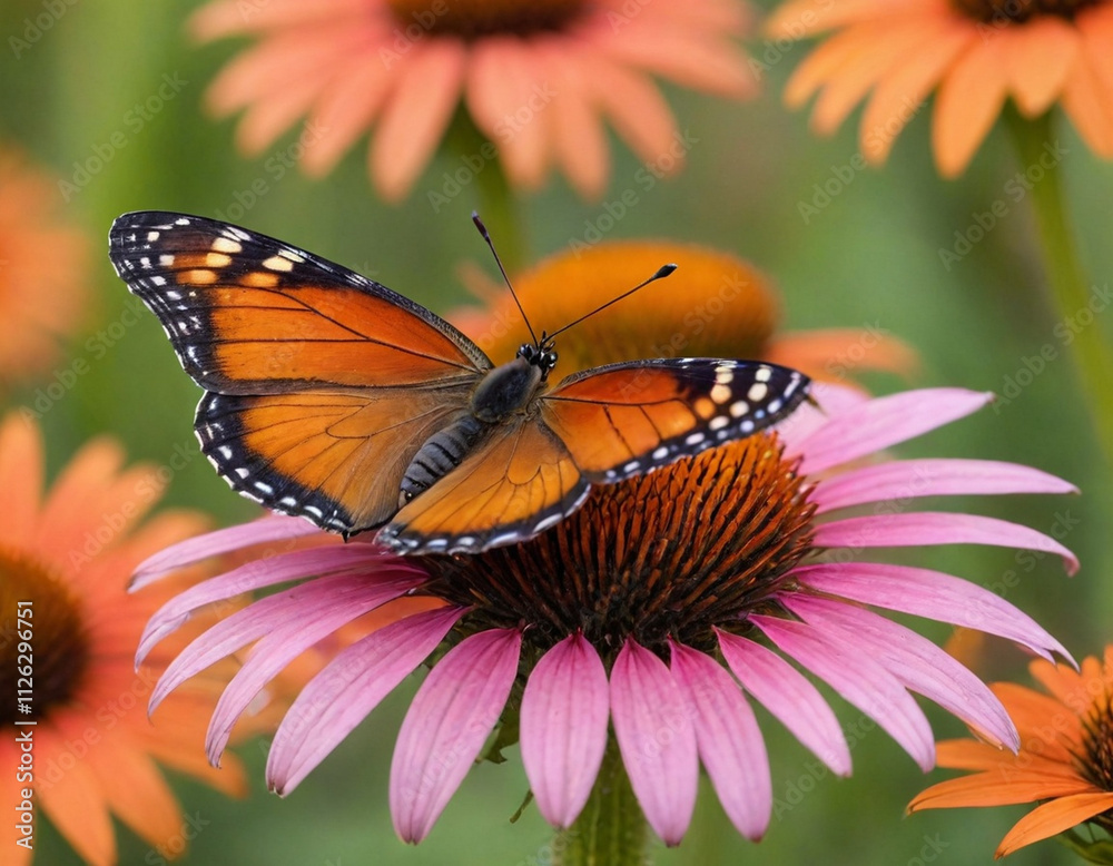 Obraz premium monarch butterfly, vibrant orange wings, black veins, white spots, yellow flowers, green leaves, soft focus background, macro photography, detailed wings, nature close-up, delicate insect, pollinator,