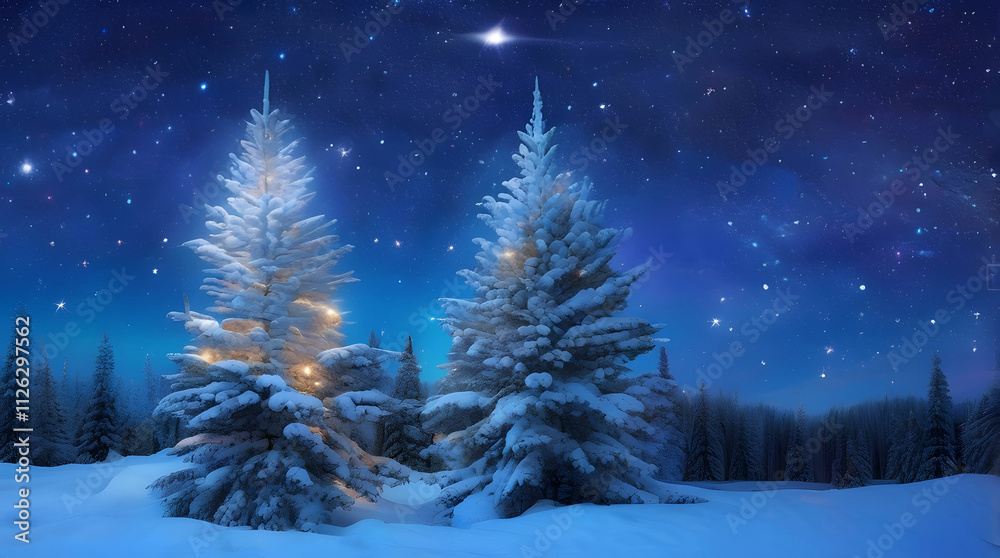 A glowing Christmas tree in a snowy forest under a starry night sky A glowing Christmas tree in a snowy forest under a starry night sky