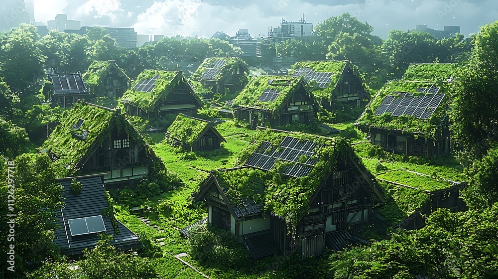 Overgrown Village with Solar Panels A Post-Apocalyptic Vision of Sustainable Energy. Overgrown Village with Solar Panels A Post-Apocalyptic Vision of Sustainable Energy.