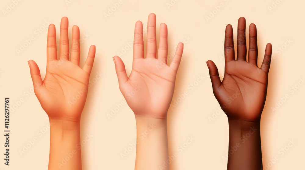 Diverse hands of different skin tones raised together in unity and strength Diverse hands of different skin tones raised together in unity and strength