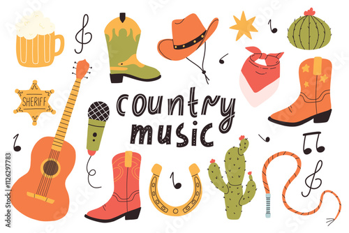 Country music concept. Lettering country music in hand drawn style with guitar. Vector illustration.