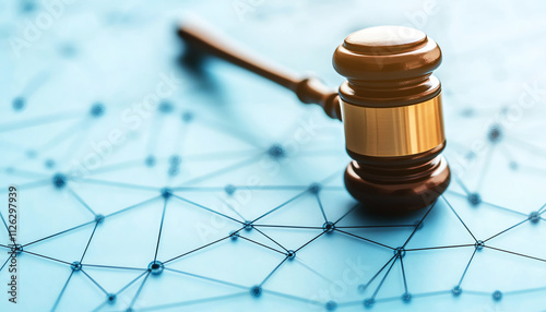 Close-up of gavel resting on blue digital background, symbolizing justice and legal technology. Ideal for law-related themes and concepts. photo