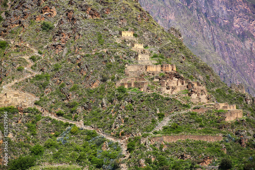 Inca storehouses on the hill surrounding Ollantaytambo, Peru photo